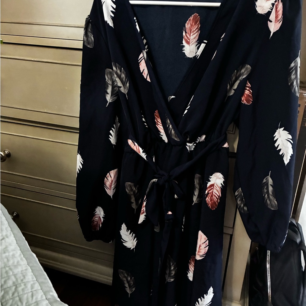 Elegant Feather Print Wrap Dress
